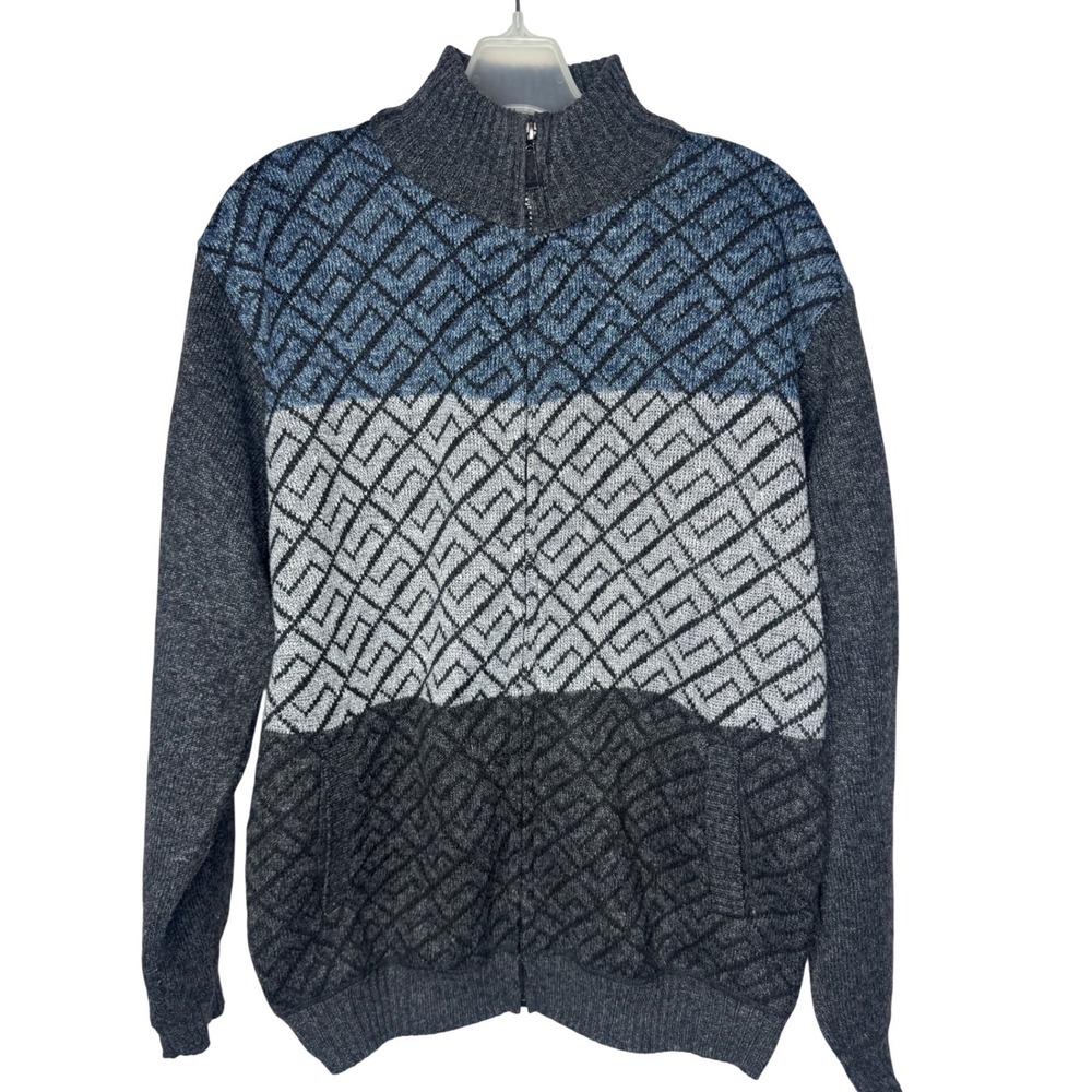 MKS Collection Mens Full Zip Geometric Knit Sweater Mock Neck Gray Blue Medium